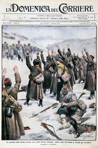 Porážka desáté ruské armády ve východním Prusku: Ruští vojáci vzdávající se zbraně, deska Achille Beltrame (1871-1945) z La Domenica del Corriere, 28. února-7. března 1915 od Achille Beltrame