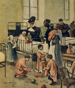 Distribuce vánočních dárků chudým dětem v nemocnici, Achille Beltrame, ilustrace, Ilustrátor Achille Beltrame (1871-1945), z La Domenica del Corriere, 23. listopadu 1900 od Achille Beltrame