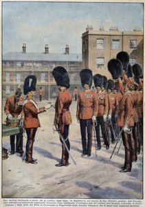 Distribuce jetele pro svatého Patrika (patrona Irska) irskými regimenty, Anglie - kresba A. Beltrame, v „La Domenica del Corriere““ od Achille Beltrame