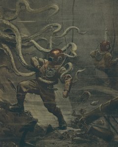 Potápěč napaden obří chobotnicí během ponoru, Achille Beltrame, ilustrace, Ilustrátor Achille Beltrame (1871-1945), z La Domenica del Corriere, 25. října 1908 od Achille Beltrame