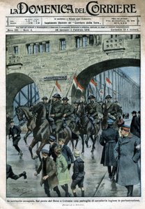 Anglická přítomnost v Německu: vojenské jednotky na mostě přes Rýn v Kolíně nad Rýnem. Ilustrace Beltrame. La Domenica del Corriere. 01/1919. od Achille Beltrame