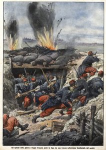 Epizoda války z roku 1914: Francouzské jednotky v zákopech jsou bombardovány nepřáteli. “La Domenica del Corriere” od Achille Beltrame