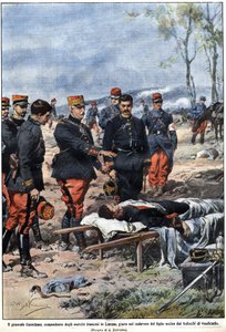 Epizoda války z roku 1914: Generál Noel Edouard de Curieres de Castelnau (1851-1944), velitel francouzské armády v Lotrinsku, přísahá na tělo svého mrtvého syna, aby ho pomstil. Ilustrace Achille Beltrame v „“La Domenica del Corriere““ od Achille Beltrame