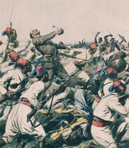 Etiopský útok na posádku Lugh a zabití kapitána Bongiovanniho, Achille Beltrame, ilustrace, Achille Beltrame (1871-1945), z La Domenica del Corriere od Achille Beltrame
