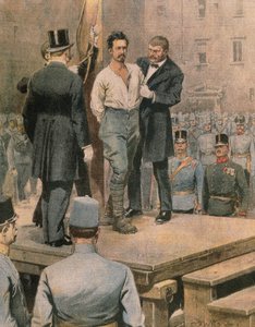 Poprava Cesare Battisti v Trentu, Achille Beltrame, ilustrace, Ilustrátor Achille Beltrame (1871-1945), z La Domenica del Corriere, červenec 1916 od Achille Beltrame