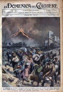 Exodus obyvatel El Salvadoru po zemětřesení a erupcích sopky Santa Rita. Ilustrace Achille Beltrame v “” La domenica del corriere”” 03.01.1937. od Achille Beltrame