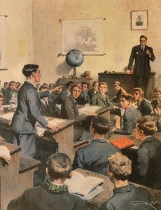 Boj proti negramotnosti, děti ve škole, Achille Beltrame, ilustrace, Ilustrátor Achille Beltrame (1871-1945), z La Domenica del Corriere od Achille Beltrame