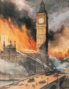 Požár ve Westminsterském paláci v Londýně po německém bombardování, ilustrace z „The Sunday Courier“ od Achille Beltrame