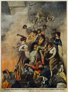 Požár ve velké americké textilní továrně: dělníci na schodišti, ilustrace Achille Beltrame (1871-1945), z La Domenica del Corriere, 10. srpna od Achille Beltrame
