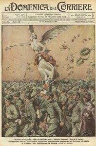První světová válka 1918 – Itálie ve válce. Den vítězství. V hodině slávy. Po titánském boji, nesmírných obětech, smrti, bouřích, italská armáda, hrdinské římské legie, které bojovaly za věc nejsvětějších, zvedly Vit. od Achille Beltrame