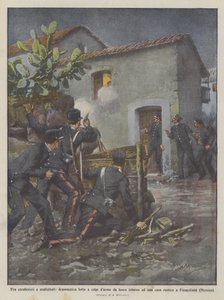 Mezi karabiniéry a zločinci, dramatický boj s výstřely kolem rustikálního domu? od Achille Beltrame