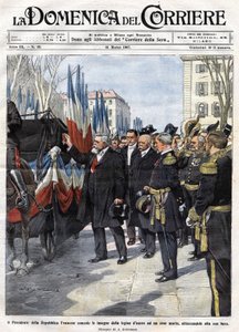 Francouzský prezident Armand Fallieres (1841 - 1931) předává medaili Čestné legie hrdinovi, který zemřel v bitvě. Ill. de Beltrame. La Domenica del Corriere. 31/03/1907. od Achille Beltrame