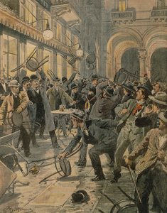 Stávka generálních dělníků v Miláně, nepokoje v Galleria Vittorio Emanuele II, Achille Beltrame, ilustrace, Ilustrátor Achille Beltrame (1871-1945), z La Domenica del Corriere od Achille Beltrame