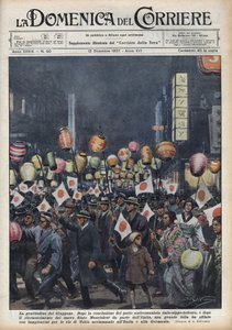 Velká defilé obyvatel Tokia, aby vzdali hold Itálii a Německu po uznání nového státu Manchukuo (Manchukuo nebo Manzhouguo) Ilustrace Achille Beltrame v „La domenica del corriere“““ z 12.12.1937 od Achille Beltrame