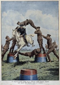 Horse Jumping: English Hussars at London Tournament Trials - kresba A. Beltrame, v „La Domenica del Corriere““ od Achille Beltrame