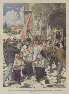 Nepokoje ve Španělsku, náboženský průvod napadený liberály a carlisty v Gijonu (Asturias)