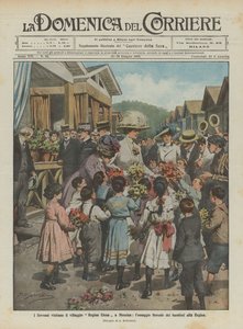 Sovereigns navštíví vesnici Regina Elena v Messině, květinovou poctu dětí královně od Achille Beltrame