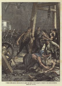Tragédie dolů, těžba z jámy dělníků, kteří zemřeli po výbuchu v dole ve Walesu od Achille Beltrame
