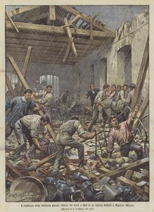 Bouře z minulého týdne, hledání mrtvých a zraněných v zřícené továrně v Musocco (Milán)