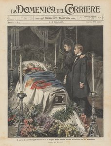 Nový král Portugalska Manuel II a královna matka Amelia před mrtvolou zavražděného krále