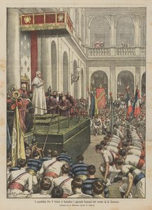 Papež Pius X. přijímá a žehná francouzským gymnastkám na nádvoří S Damaso