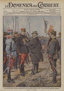 Prezident Poincare uděluje generalissimu Joffremu vojenskou medaili za statečnost.