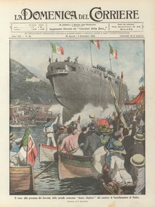 Start velké bitevní lodi Dante Alighieri z loděnice Castellammare di Stabia za přítomnosti Sovereignů