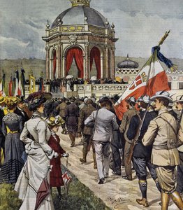Zahájení IV střelecké soutěže na polygonu Farnesina, Řím, Itálie, ilustrace Achille Beltrame z La Domenica del Corriere, 25. května od Achille Beltrame