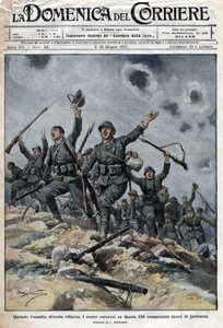 Italská armáda zvítězila nad rakousko-uherskými jednotkami v pohoří Kras ve Slovinsku. Italové tak postupovali směrem k Terstu. Ill. de Beltrame. La Domenica del Corriere. 06/1917. od Achille Beltrame
