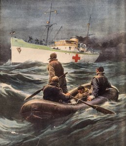 Italská nemocniční loď zachraňující čtyři německé letce, kteří byli sestřeleni, Achille Beltrame (1871-1945), ilustrace z La Domenica del Corriere, 23. února od Achille Beltrame