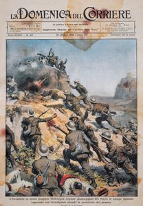 Italské jednotky postupující na etiopské půdě, ilustrace z La Domenica del Corriere, 20. října od Achille Beltrame