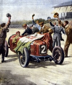 Italské vítězství na 3. evropské Motor Grand Prix: mechanici z Ascari vyvěšují na voze vlajku trikolóry. Ill. de Beltrame. "La Domenica del Corriere"". 07/1925. od Achille Beltrame