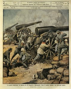 Italo-turecká válka, palba baterie z děla č. 149 směrující nepřátelskou karavanu u Bu-Kamek směrem k tuniským hranicím, ilustrátor Achille Beltrame (1871-1945), z La Domenica del Corriere, 7. července 1912 od Achille Beltrame