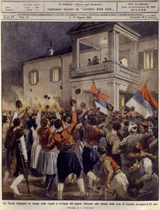 Král Mikuláš I. Černé Hory před davem v Cettigne po kapitulaci města Shkoder, 4. května od Achille Beltrame