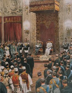 Italský král, Vittorio Emanuele III ze Savoy, byl korunován králem Albánců, Achille Beltrame, ilustrace, ilustrátor Achille Beltrame (1871-1945), z La Domenica del Corriere od Achille Beltrame