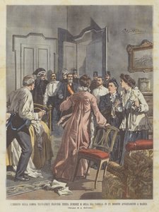 Zatčení slavné francouzské podvodnice Teresy Humbertové a její rodiny ve skromném bytě v Madridu od Achille Beltrame