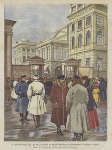 Carská nemoc, dav před petrohradským císařským palácem čekající na zprávy