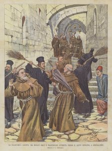 Tragikomický Baruffa mezi řeckými a františkánskými mnichy se odehrál u Božího hrobu v Jeruzalémě