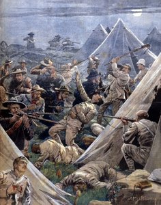 Búrská válka nebo Transvaalská válka v Jižní Africe stojící proti Angličanům a Búrům: tito zaútočili na anglický tábor v Tweenfonteinu. Ilustrace Beltrame. La Domenica del corriere. 1902. od Achille Beltrame