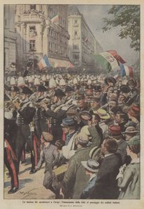 Hudba karabiníků v Paříži, nadšení davu při průjezdu italských vojáků.
