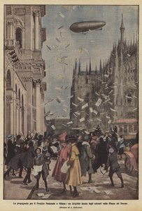 Propaganda národní půjčky v Miláně, vzducholoď vypouští barevné listy na náměstí Piazza del Duomo