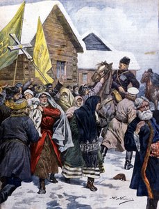 Pověry v Rusku: policie se snaží rozehnat sektu nových křesťanů. Ilustrace Beltrame. La Domenica del corriere. 1901. od Achille Beltrame
