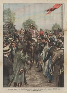 Cvalové dostihy v San Siru (Milán), příjezd koně, který vyhrál cenu 100 000 lir od Achille Beltrame