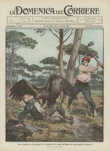 Nelítostný souboj rybáře s orlem, který na něj náhle zaútočí v borovém lese Ravenna. od Achille Beltrame