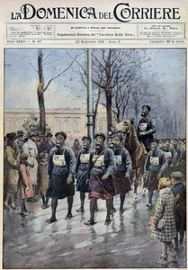 Pochod organizovaný ve Varšavě za účelem cvičení obyvatelstva v používání plynových masek - kresba A. Beltrame, v „“la Domenica del Corriere““ z 22.11.1931 od Achille Beltrame