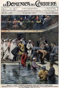Hromadné křty: Ve skotském Glasgow bylo v obecním bazénu pokřtěno více než sto lidí, členů nové Pravé biblické církve. Ilustrace Beltrame. La Domenica del Corriere. 22/07/1928. od Achille Beltrame