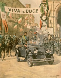 Mussoliniho triumfální příjezd do Turína, Achille Beltrame (1871-1945) z vydání La Domenica del Corriere, říjen 1932 od Achille Beltrame