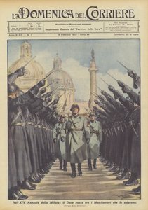 Ve 14. ročníku domobrany prochází Duce mezi mušketýry, kteří mu vzdávají hold. od Achille Beltrame