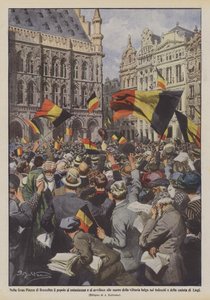 Na Velkém náměstí v Bruselu jsou lidé nadšeni a sklíčeni zprávou o belgickém vítězství nad Němci a o rozpadu Lutychu.
