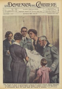 Představení novorozeného prince Viktora Emanuela panovníkům v královském paláci v Neapoli.